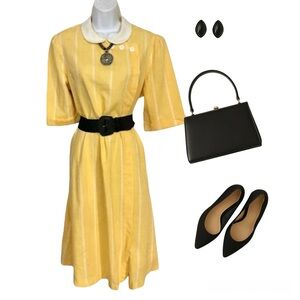 Vintage 60s Yellow Stripe A-Line Dress w/ Peter Pan Collar | Puccini NY | Mod